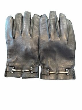 Gucci Black Leather Women's Gloves with Tom Ford Silver Horsebit Accent